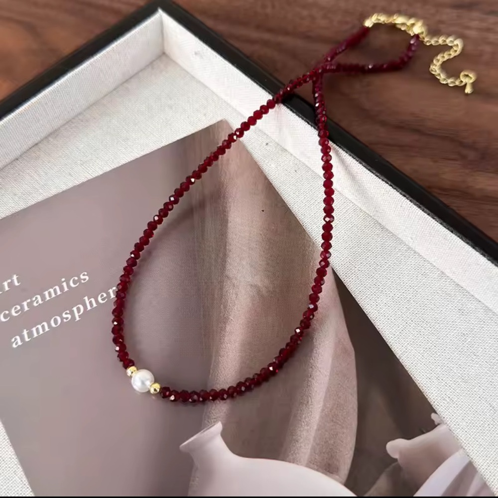 Red Pearl Glass Bead Necklace  with Gold accents - Picture 2 of 2